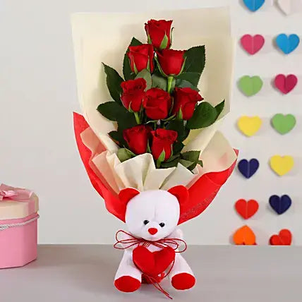 Red Roses Bunch With Teddy Bear