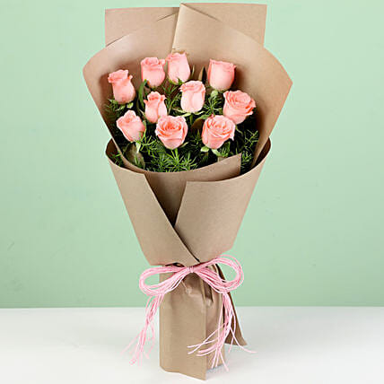 10 Pink Roses In Brown Paper
