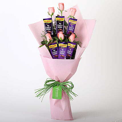 6 Pink Roses & 6 Dairy Milk Chocolate Bouquet