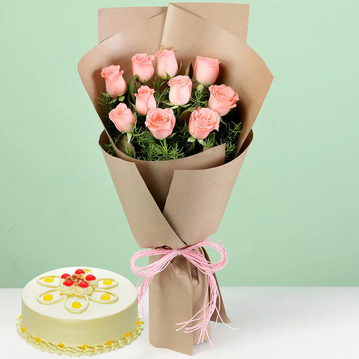 10 Pink Roses & Butterscotch Cake