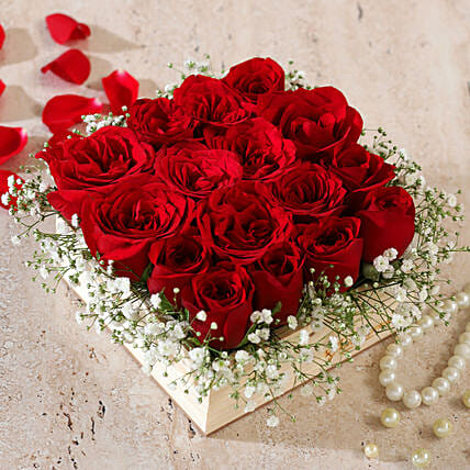 16 Red Roses Arrangement In Wooden Base
