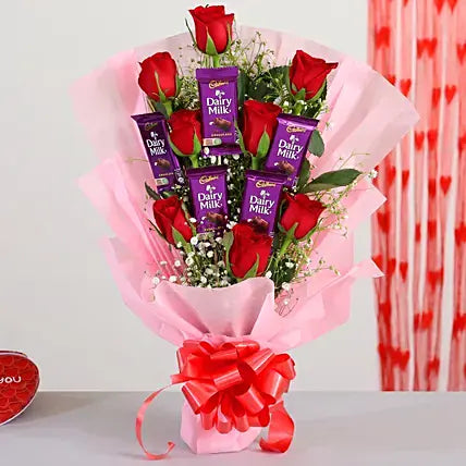 Red Roses Bouquet & Dairy Milk Chocolates