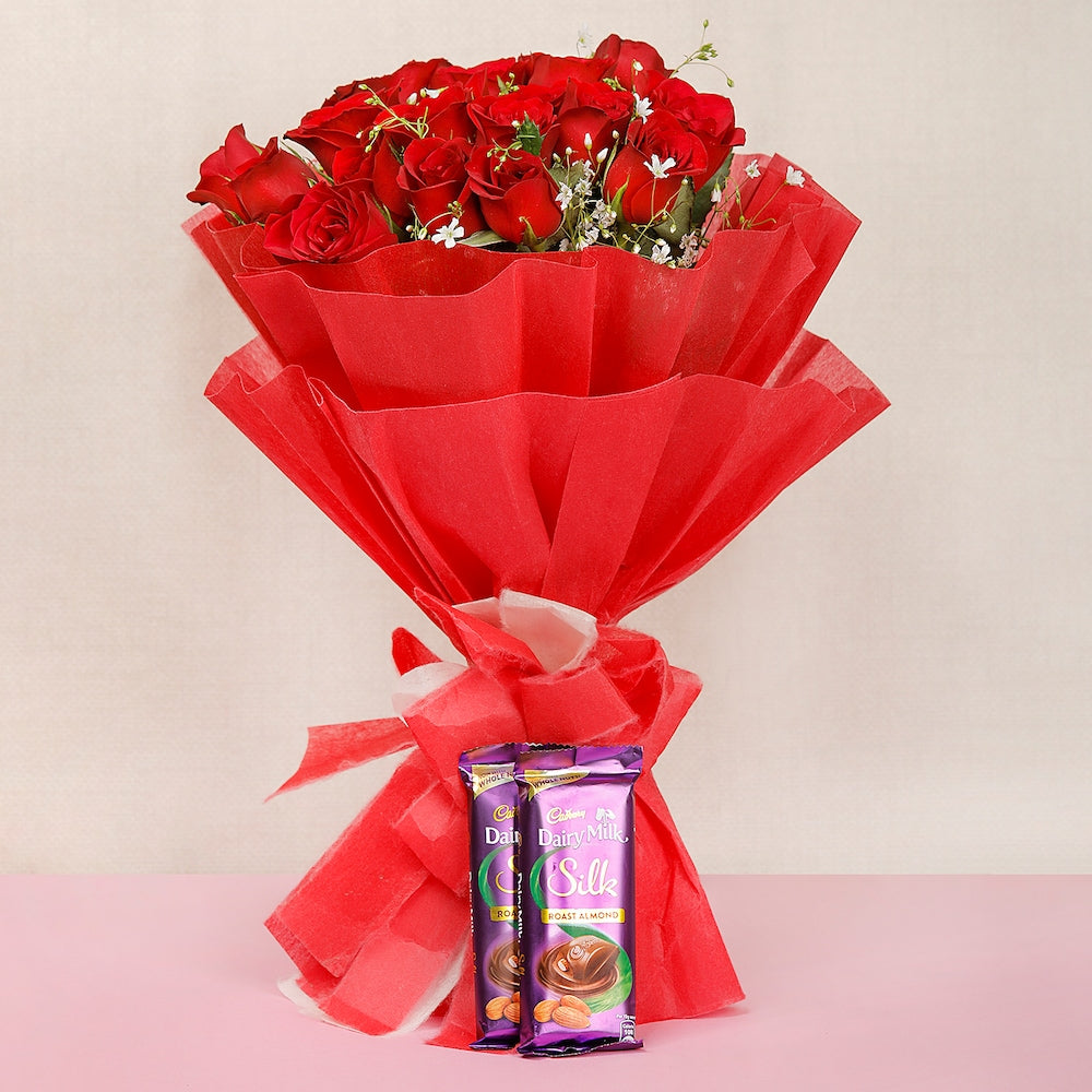 20 Red Roses And 2 Silk Chocolates