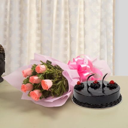 6 pink roses chocolate cake