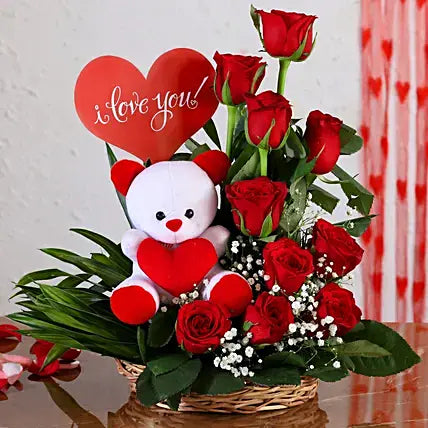 Red Roses Arrangement With Love Tag & Teddy