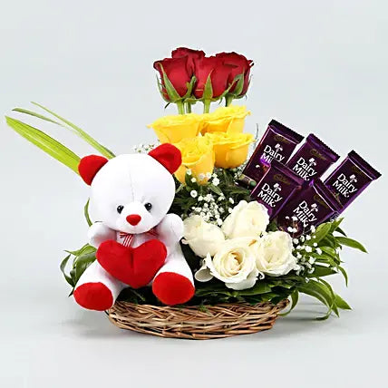 Mixed Roses Arrangement With Teddy & Dairy Milk