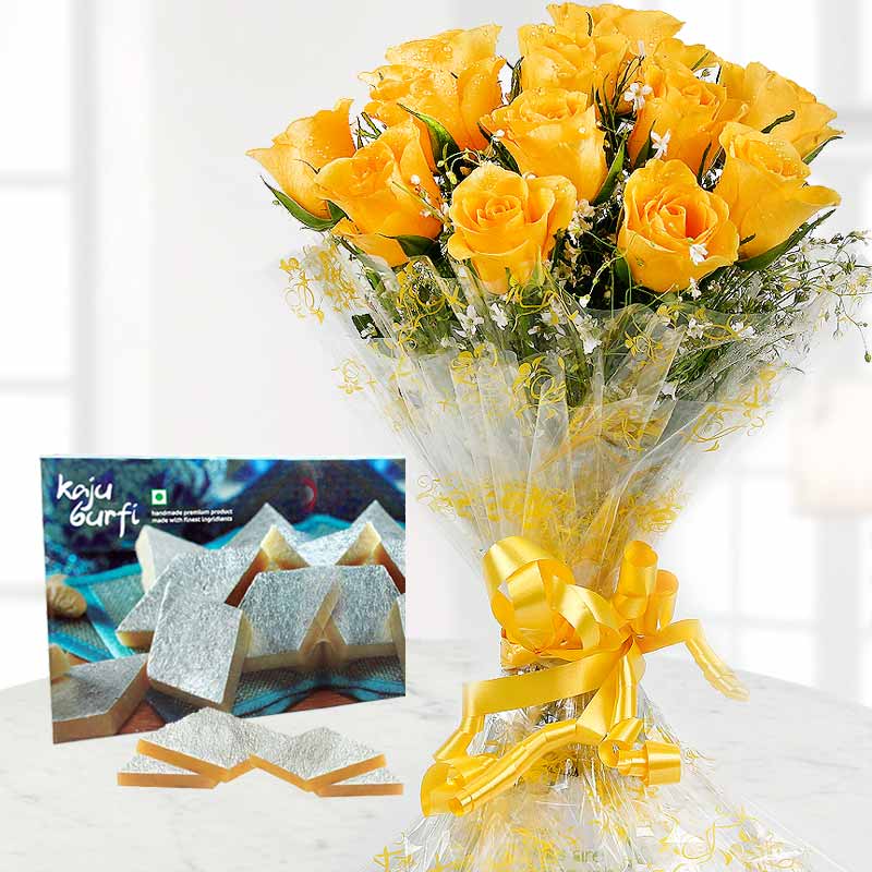 Sweetly Fresh - Yellow Roses Bunch & Kaju Barfi