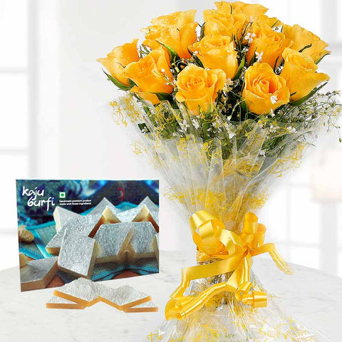 Sweetly Fresh - Yellow Roses Bunch & Kaju Barfi