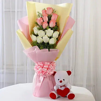 Pink & White Roses with Teddy Bear Combo