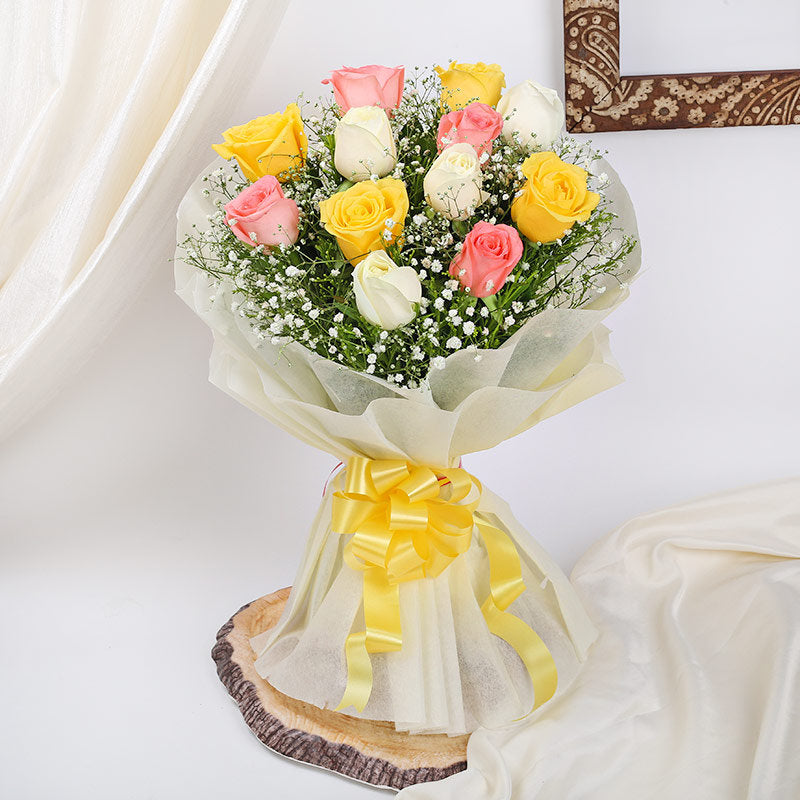Serene White Pink Yellow Rose Bouquet