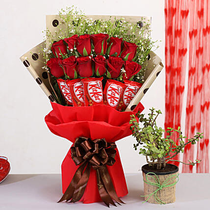 Red Roses Bunch With Jade Plant & Kitkat