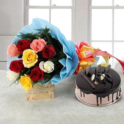 10 mix roses & chocolate cake 500gm