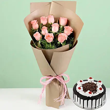 10 Pink Roses With Black Forest Cake