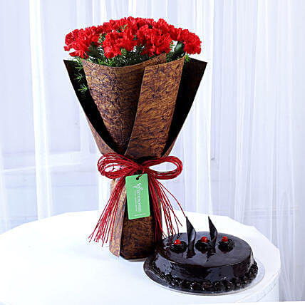 12 Beautiful Red Carnations & Truffle Cake