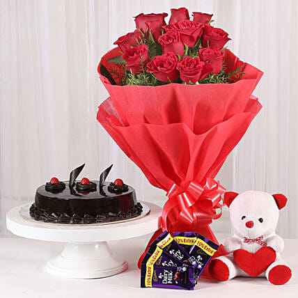 Roses with Teddy Bear, Dairy Milk & Truffle Cake