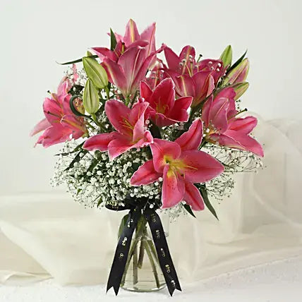 5 Pink Oriental Lilies in Glass Vase