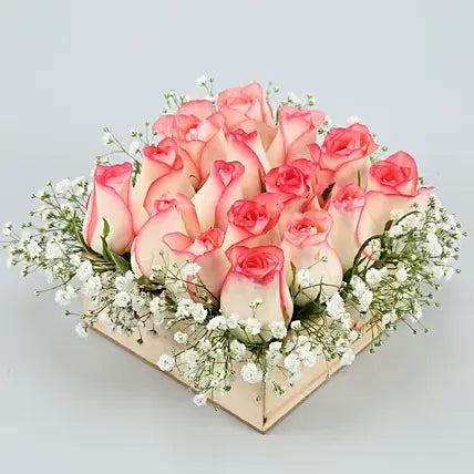 16 Pink Roses Arrangement In Wooden Base