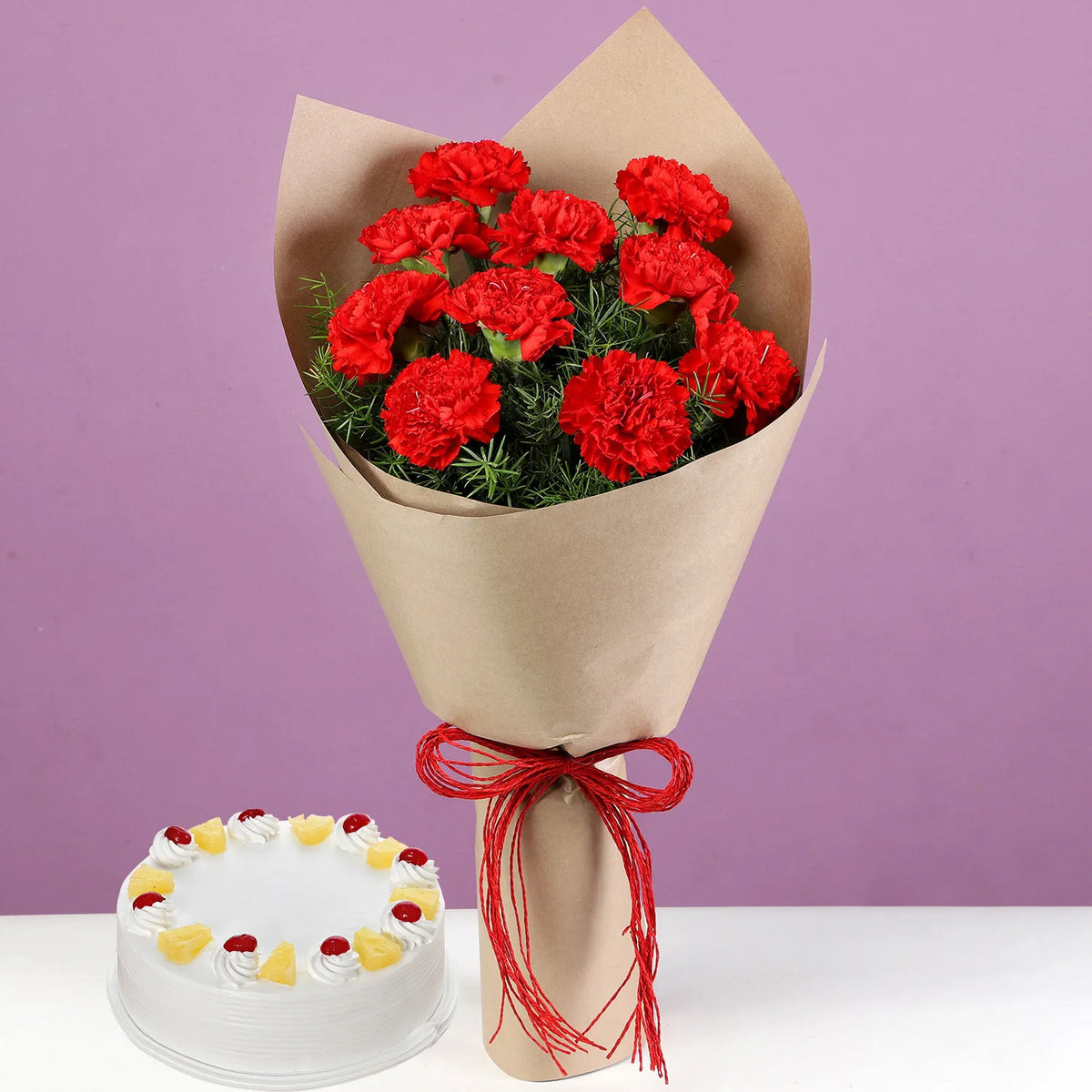10 Red Carnations & Pineapple Cake
