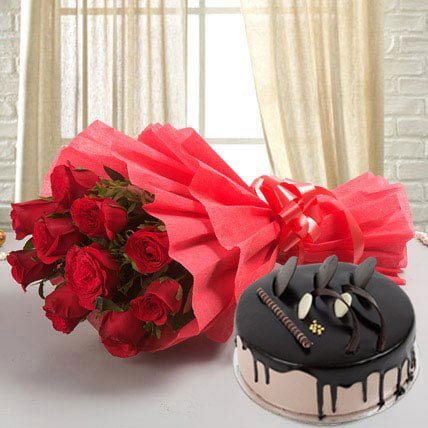 10 Red Roses & chocolate cake 500gm