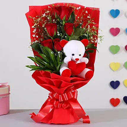 Bunch Of 6 Red Roses & Teddy Bear Combo