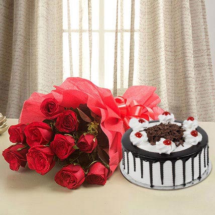 10 Red roses & black forest cake 500gm