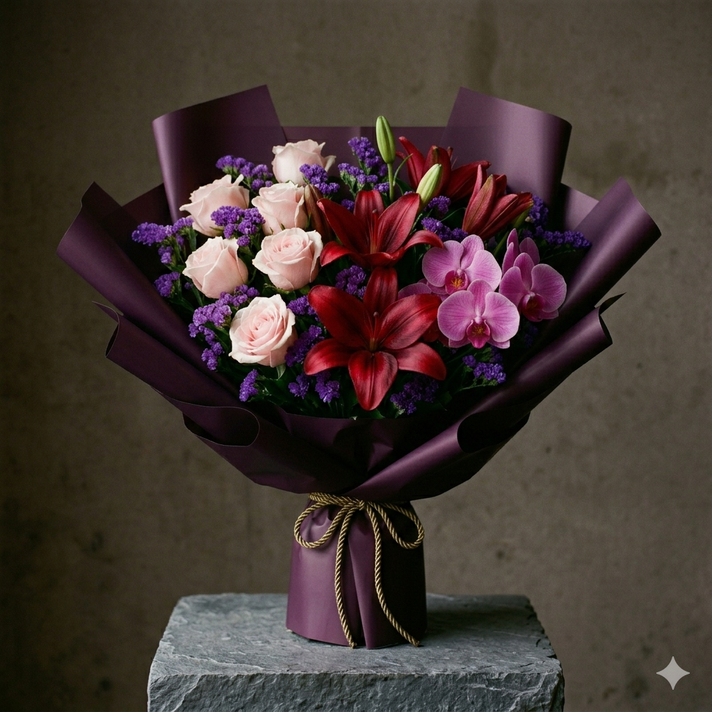 Peach Rose Pink Chrysanthemum Box with Dusty Pink Banner