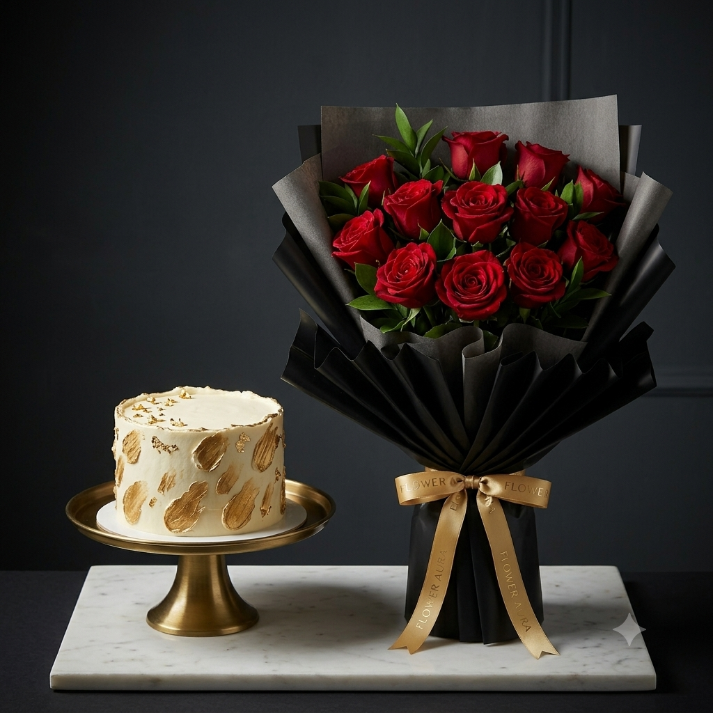 Red Rose Bouquet with Gold Cake | Luxury Gift Combo