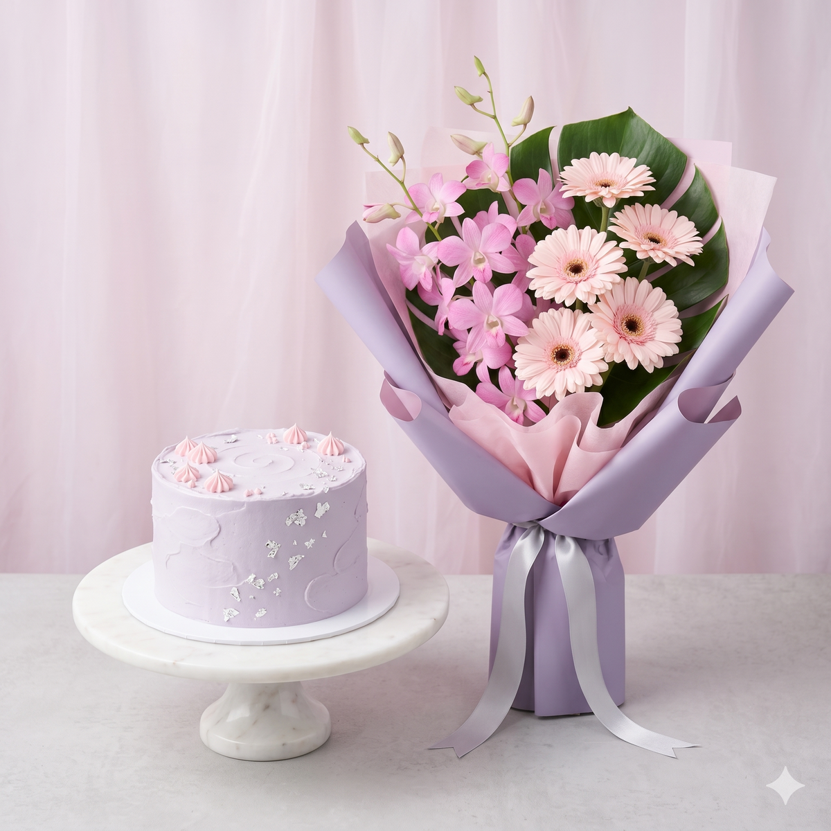 Pink Orchid & Gerbera Bouquet with Lavender Cake