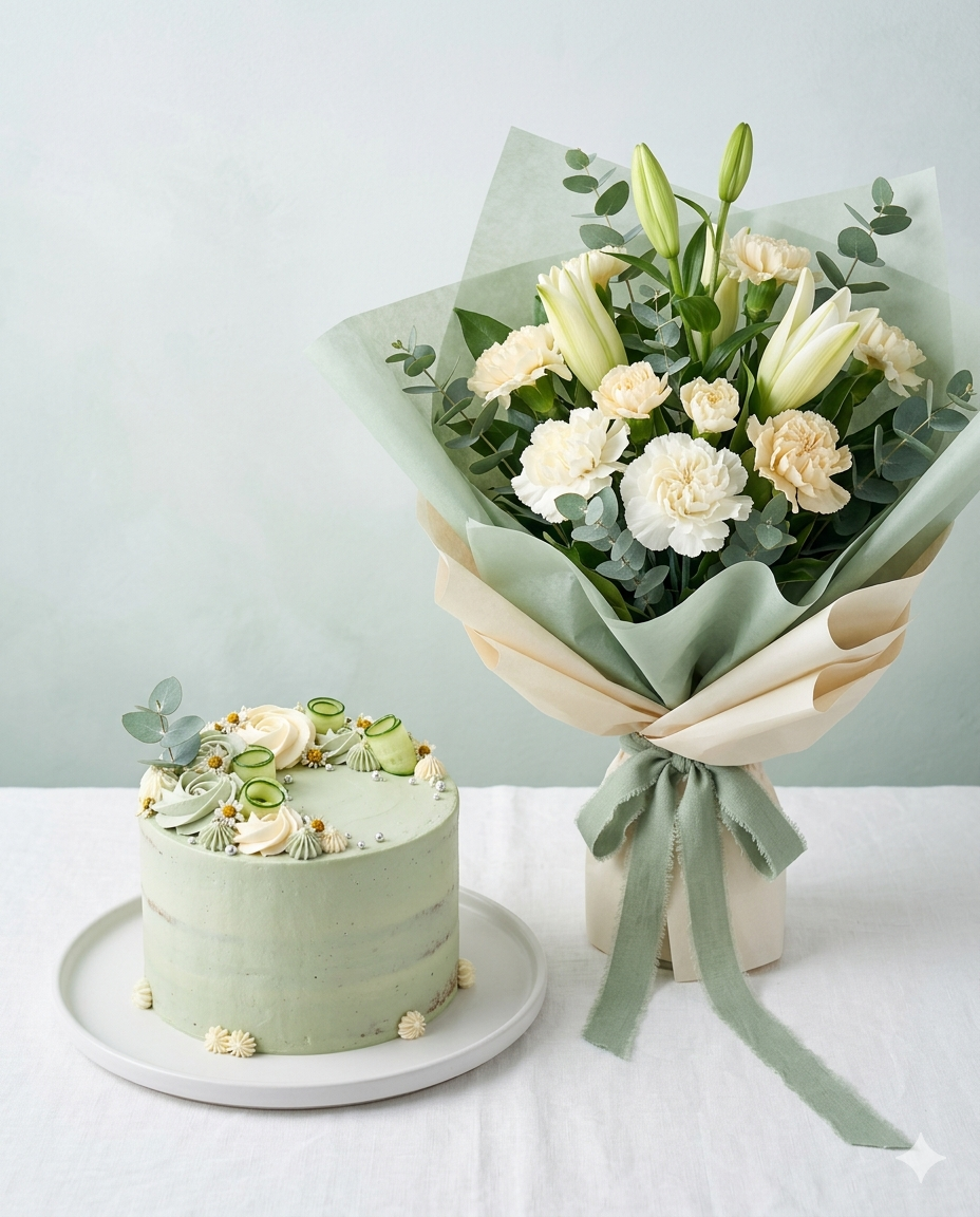 Sage and Ivory Botanical Cake and Birthday Flowers Combo