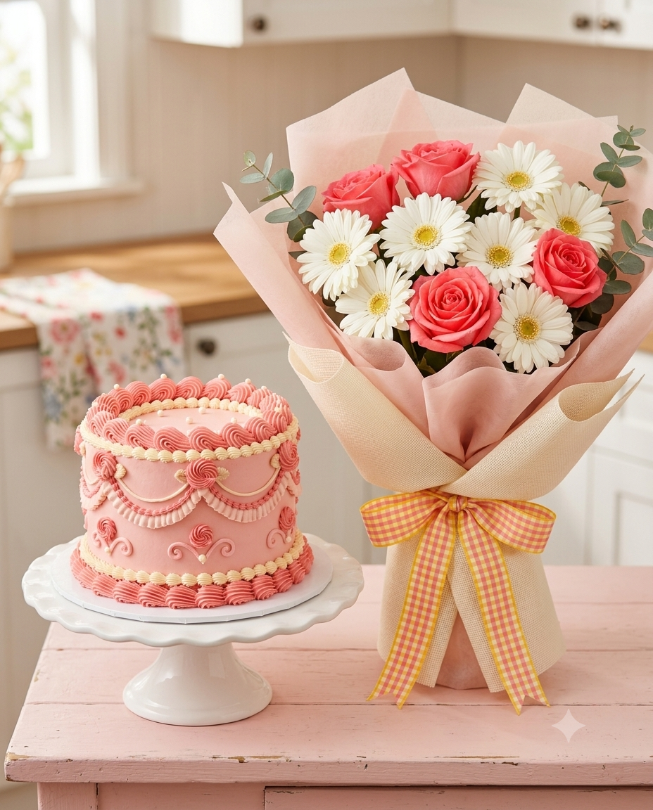 Pink Rose & Gerbera Bouquet with Vintage Pink Cake Combo