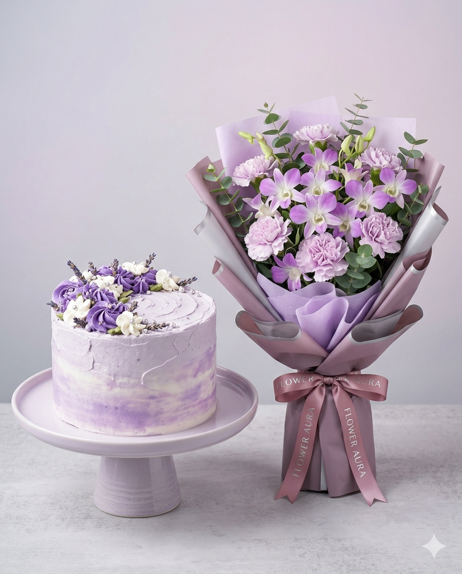 Lavender Flower Bouquet & Cake Gift Combo