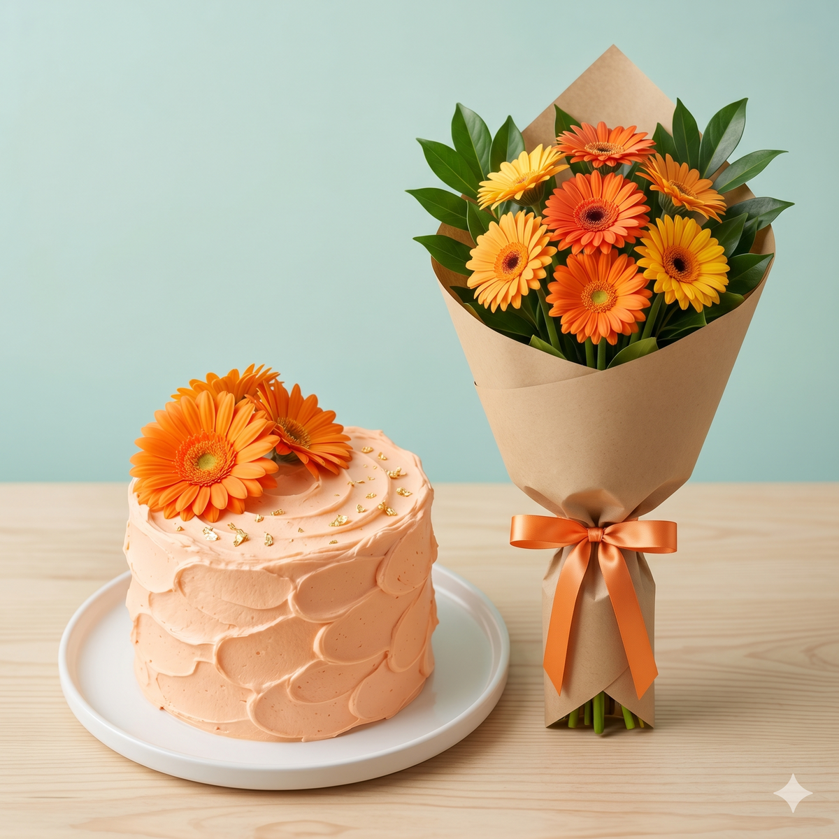 Bright Orange Gerbera Bouquet & Peach Cake Set