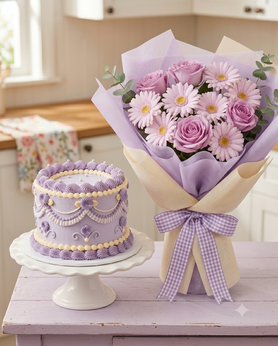 Lavender Rose & Gerbera Bouquet with Purple Cake Combo