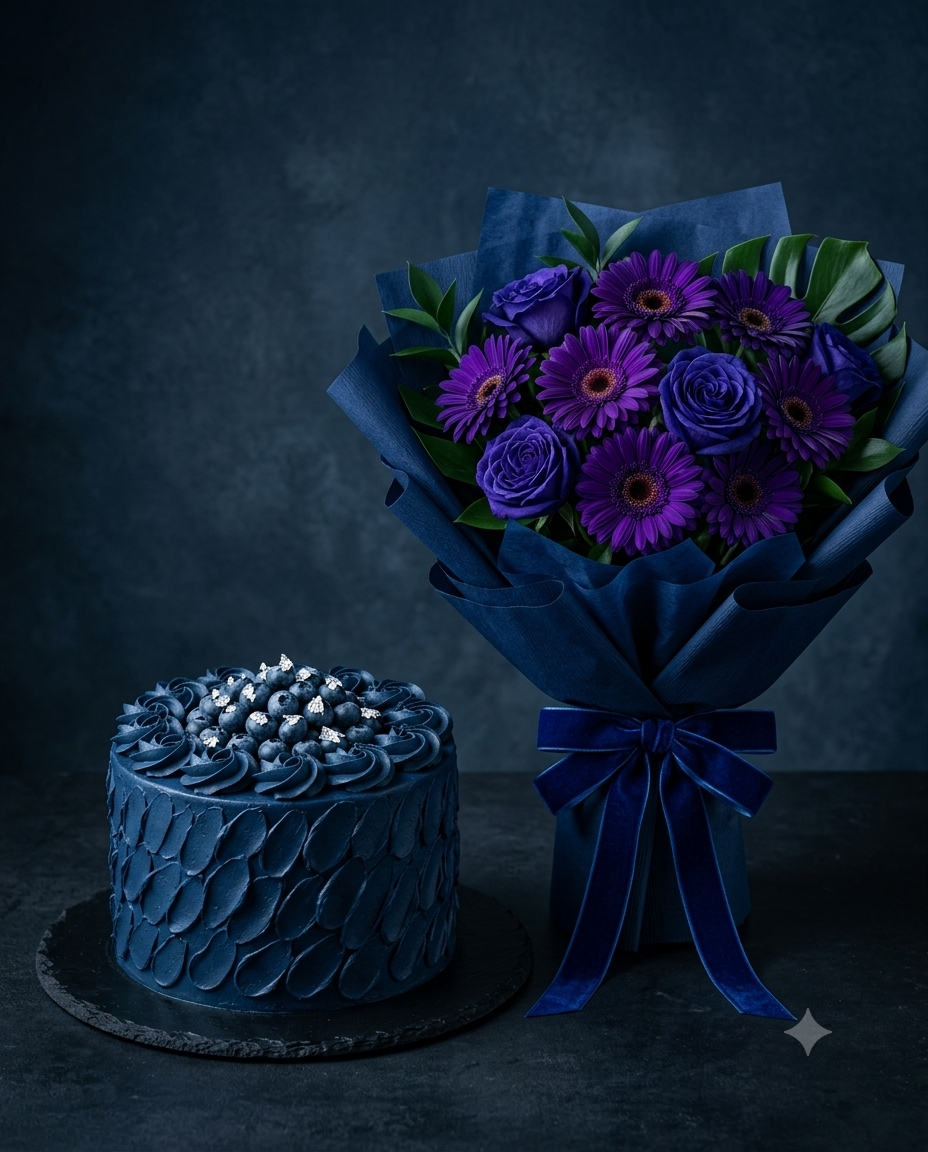 Midnight Blue Rose & Gerbera Bouquet with Navy Cake