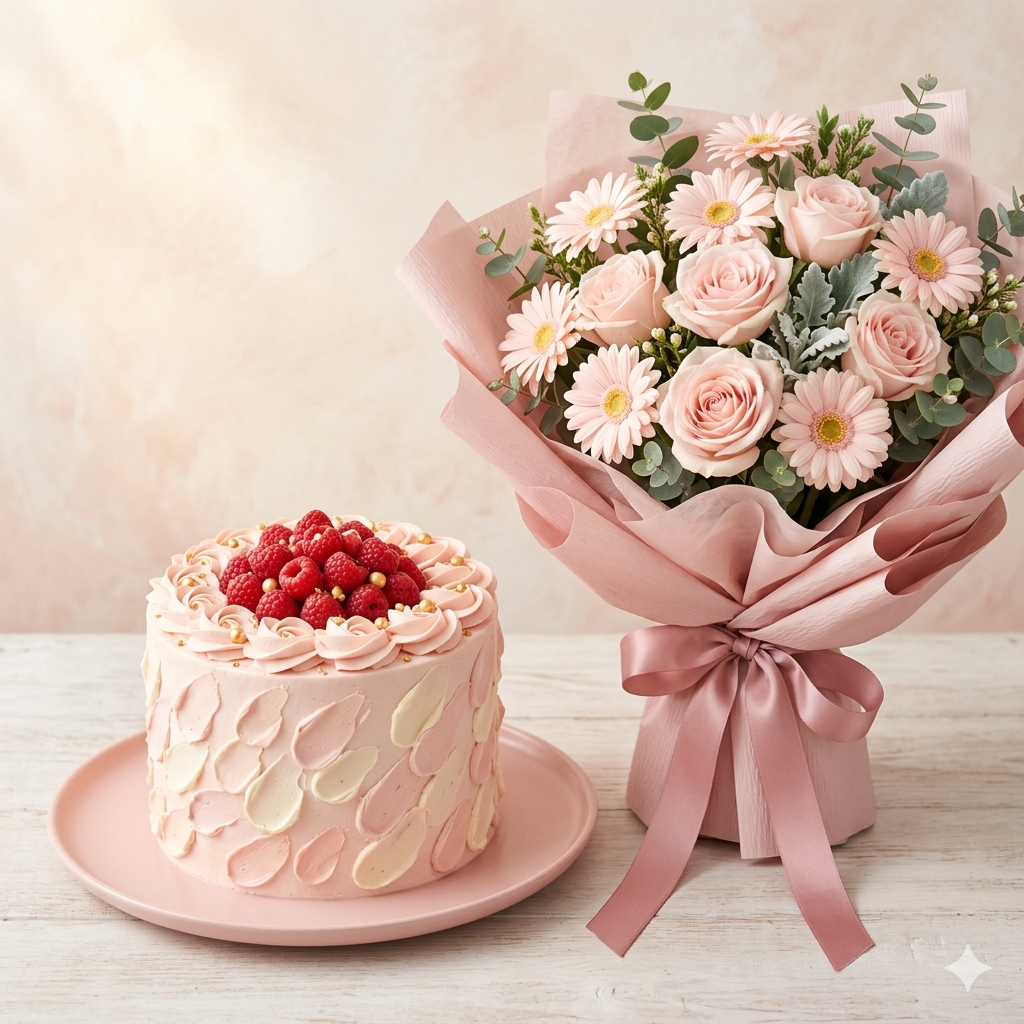 Blush Rose & Gerbera Bouquet with Raspberry Cake Combo
