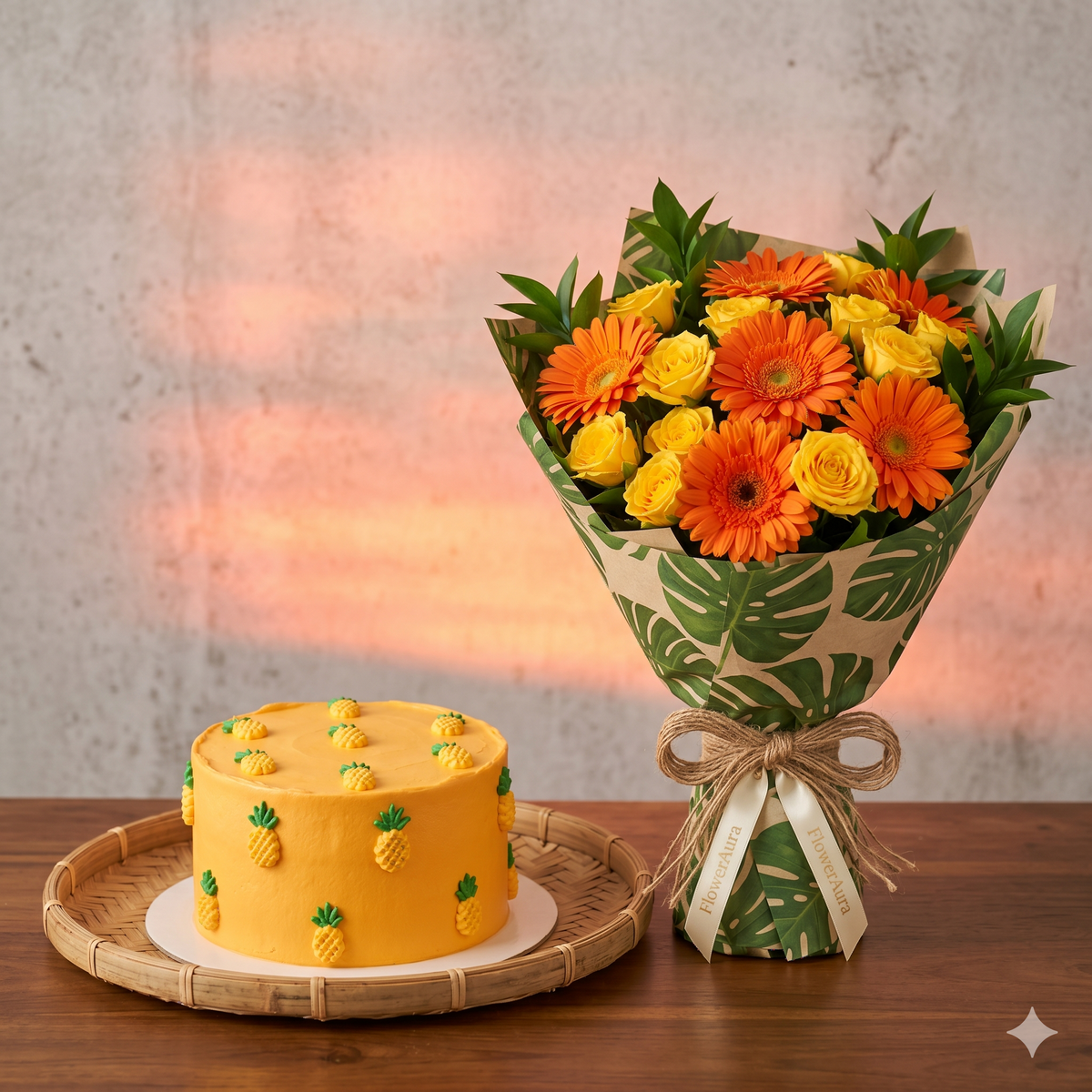 Tropical Orange Gerbera Bouquet & Cake Gift Set