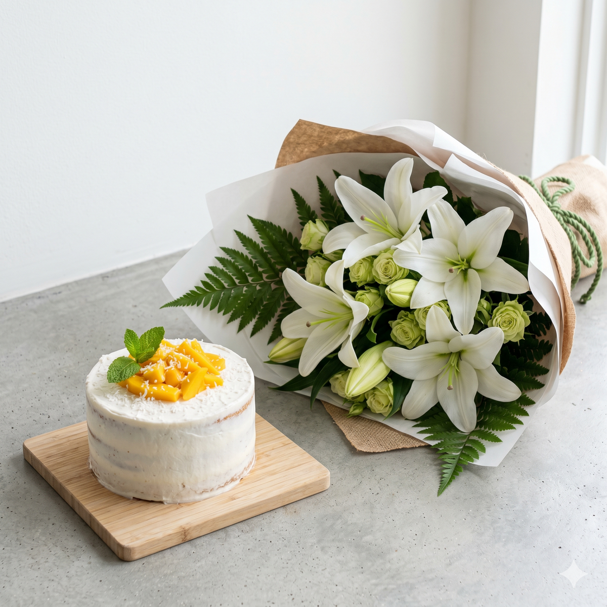 White Lily Bouquet and Mango Cream Cake Gift