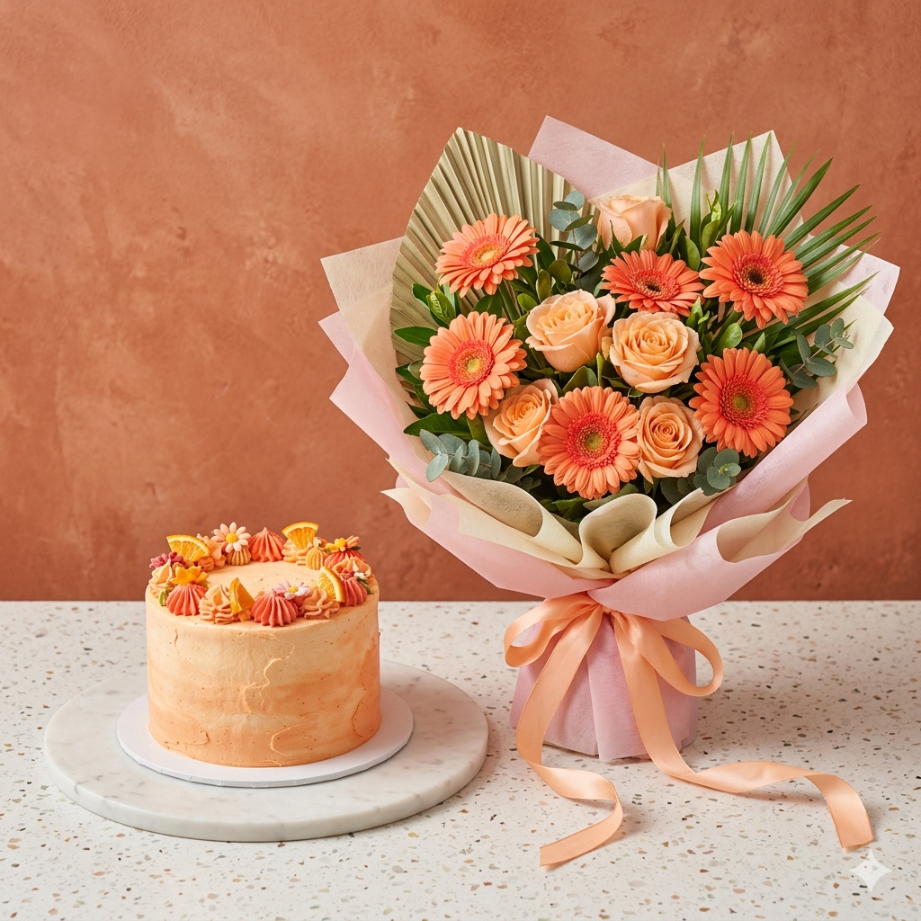 Peach Coral Gerbera Bouquet and Orange Citrus Cake