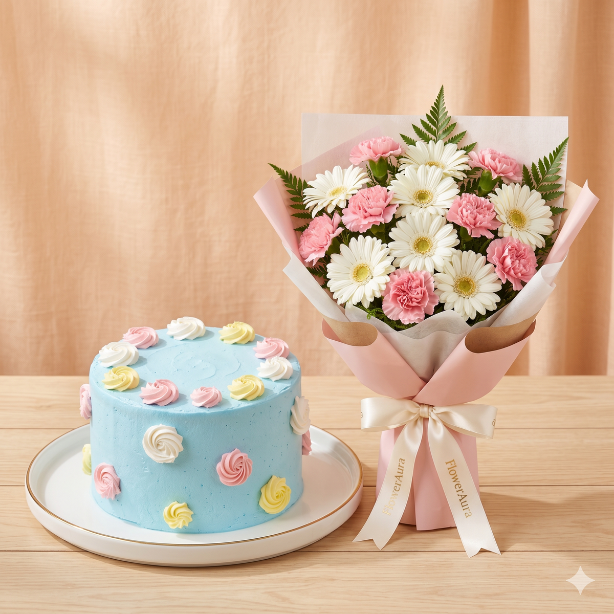 Pastel Daisy Bouquet & Blue Rosette Cake Set