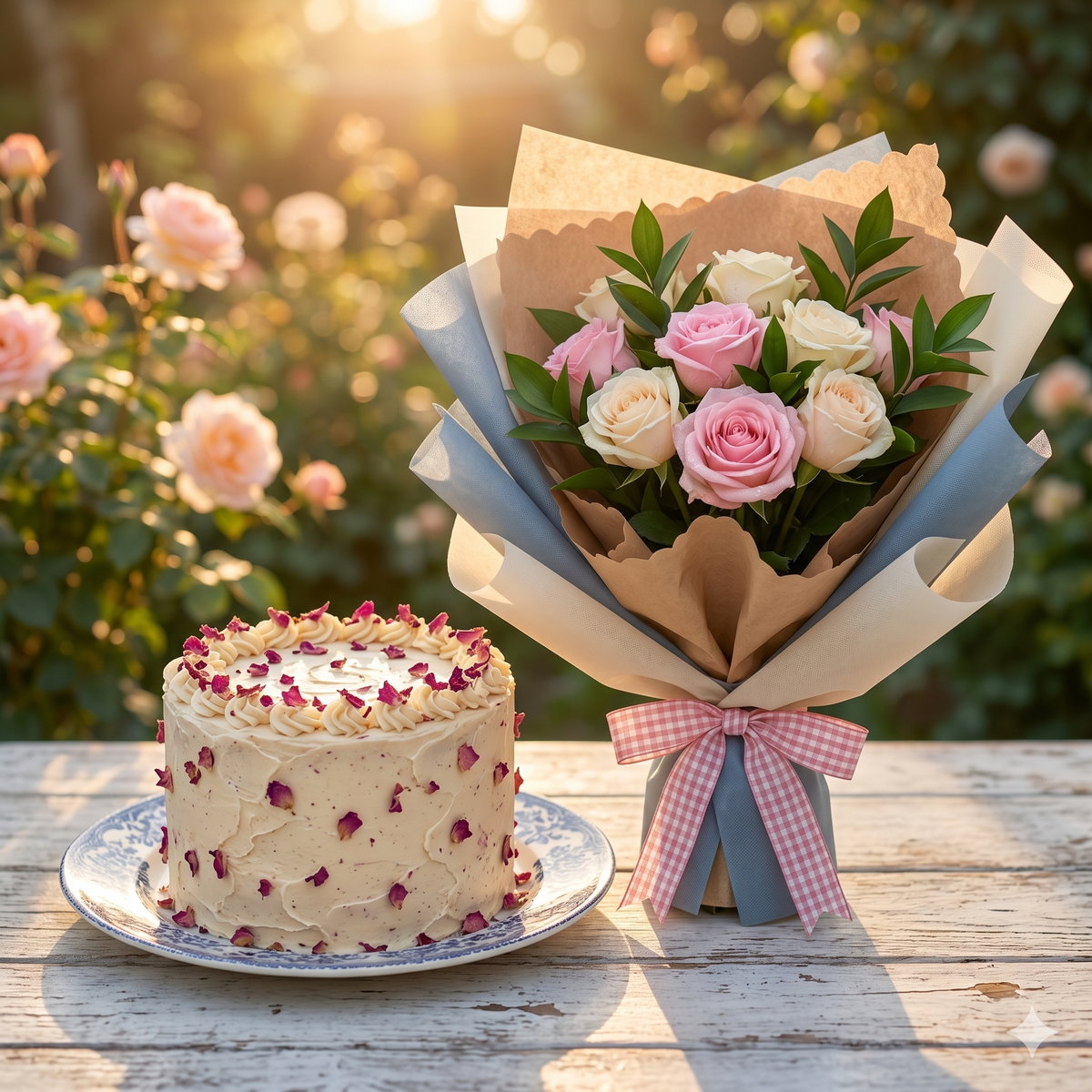 Pink & White Rose Bouquet with Floral Cake Set
