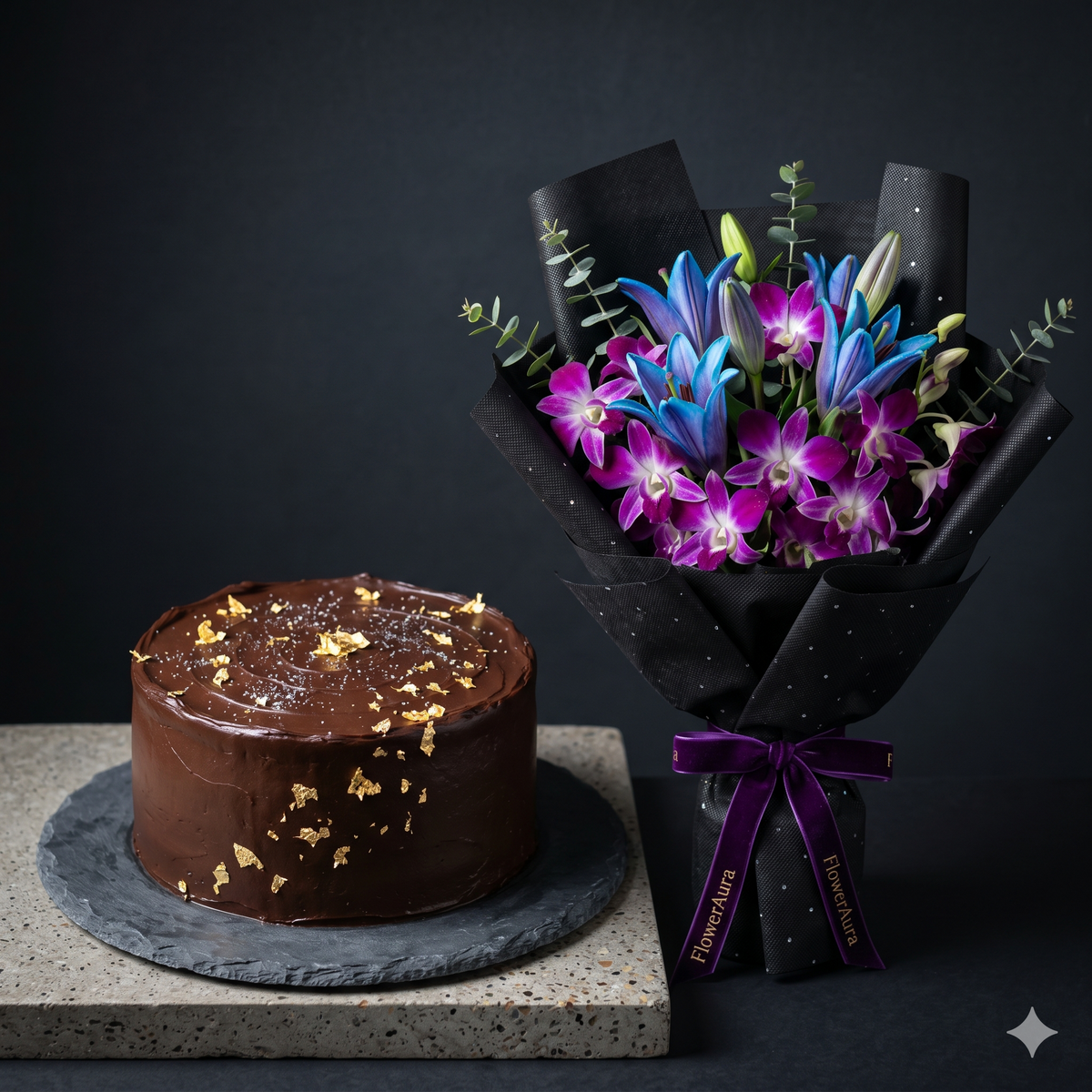 Product Title: Exotic Blue Lilies Bouquet & Chocolate Cake