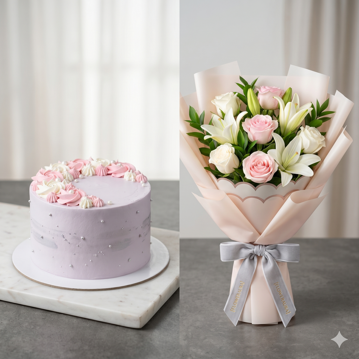 Elegant Pink Rose Bouquet & Lavender Anniversary Cake Set