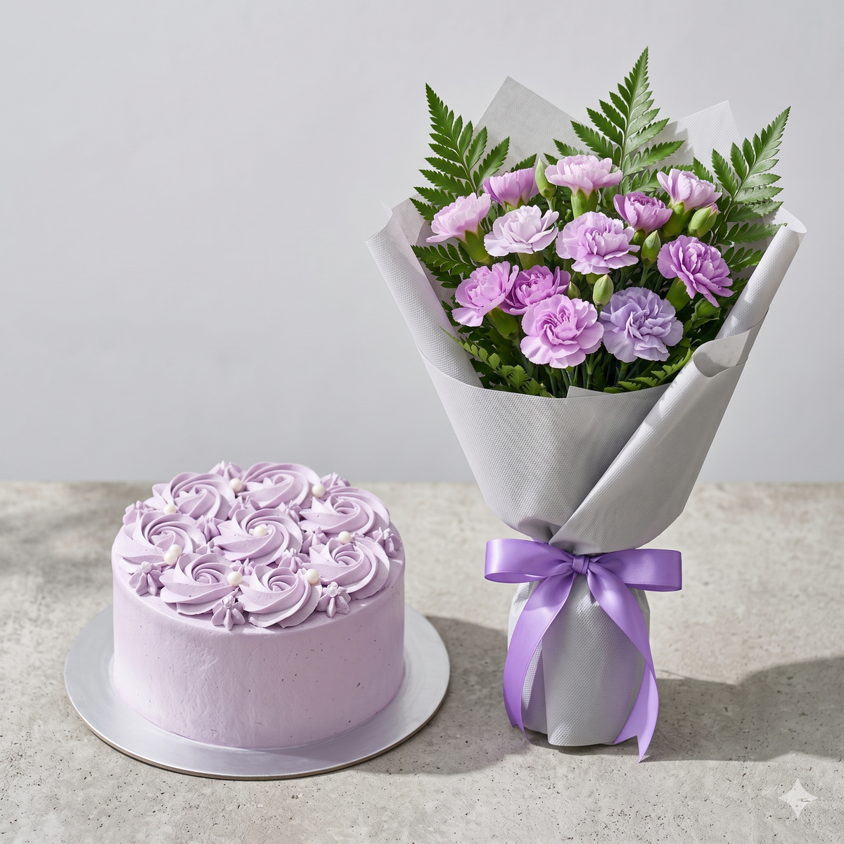 Lavender Carnation Bouquet and Frosted Cake Set