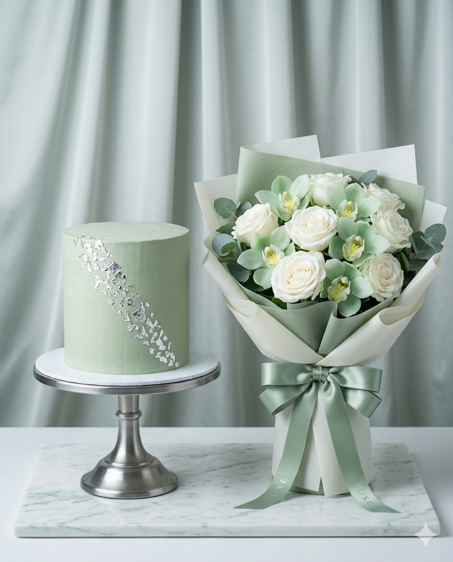 Sage Morning Dew Cake & White Rose Bouquet