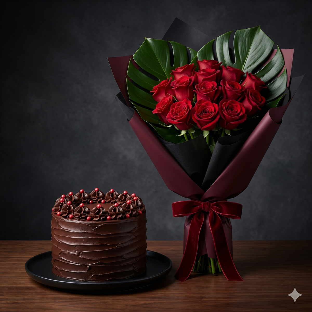 Luxurious Red Roses, Velvet Ribbon & Chocolate Cake Combo