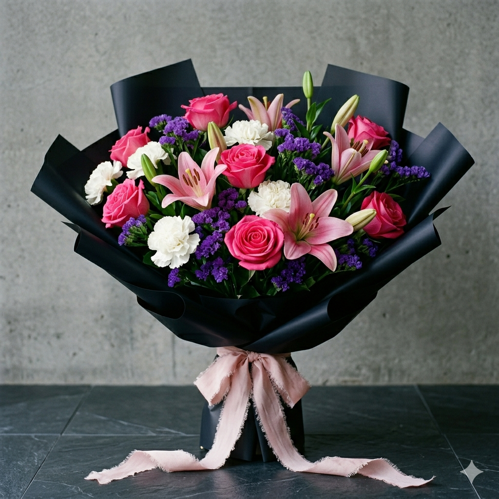 Pure White Lily Rose Bouquet with Grey Ribbon