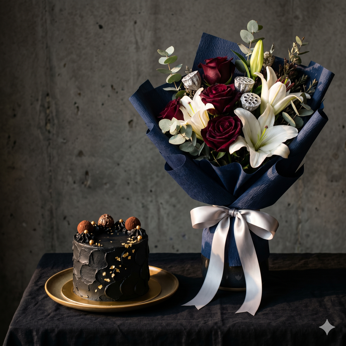 Luxury Red Roses Bouquet & Black Truffle Cake Set