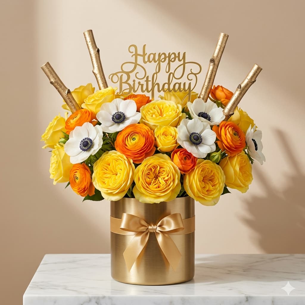 Golden Floral Birthday Cake with Premium Roses