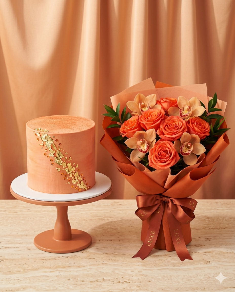 Coral Sunrise Cake & Rose Bouquet Gift Set