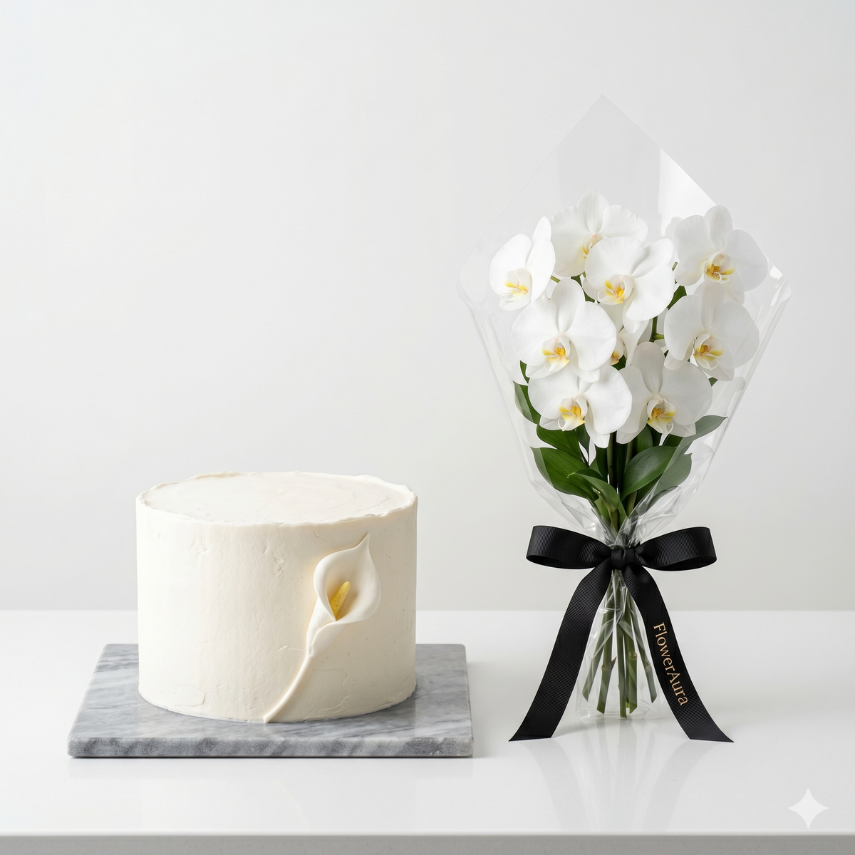 Elegant White Orchids & Cake Gift Set